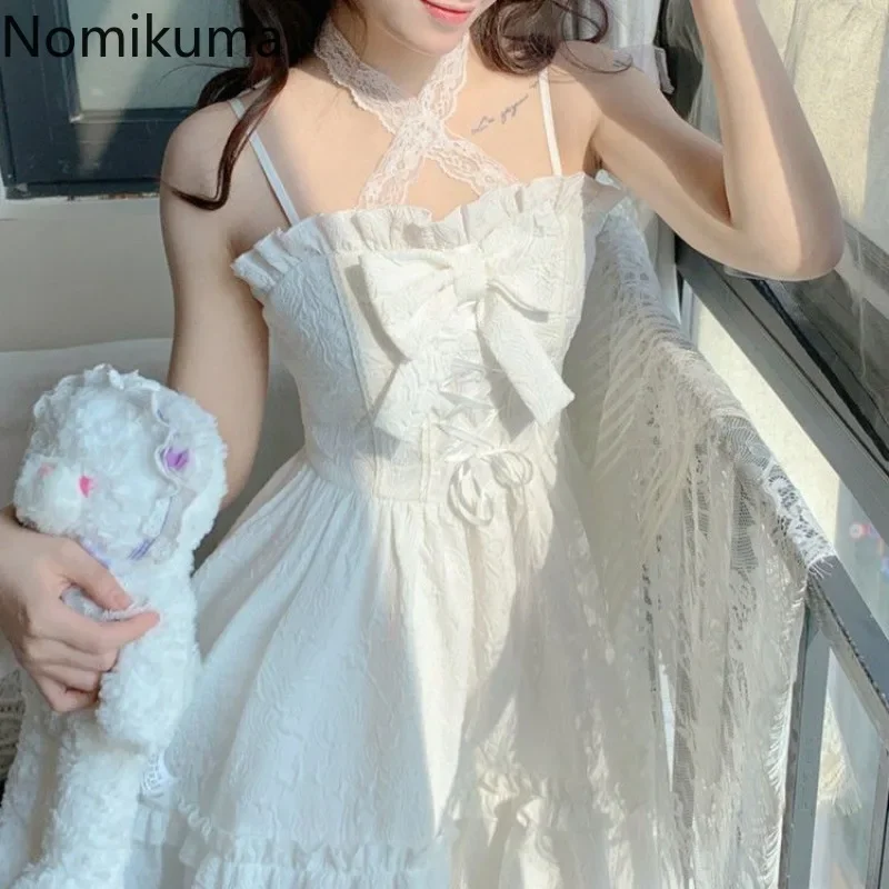 Vestidos de mujer 2025, vestidos de verano bonitos para mujer, estilo Lolita, vestido japonés dulce, vestido blanco con lazo y volantes