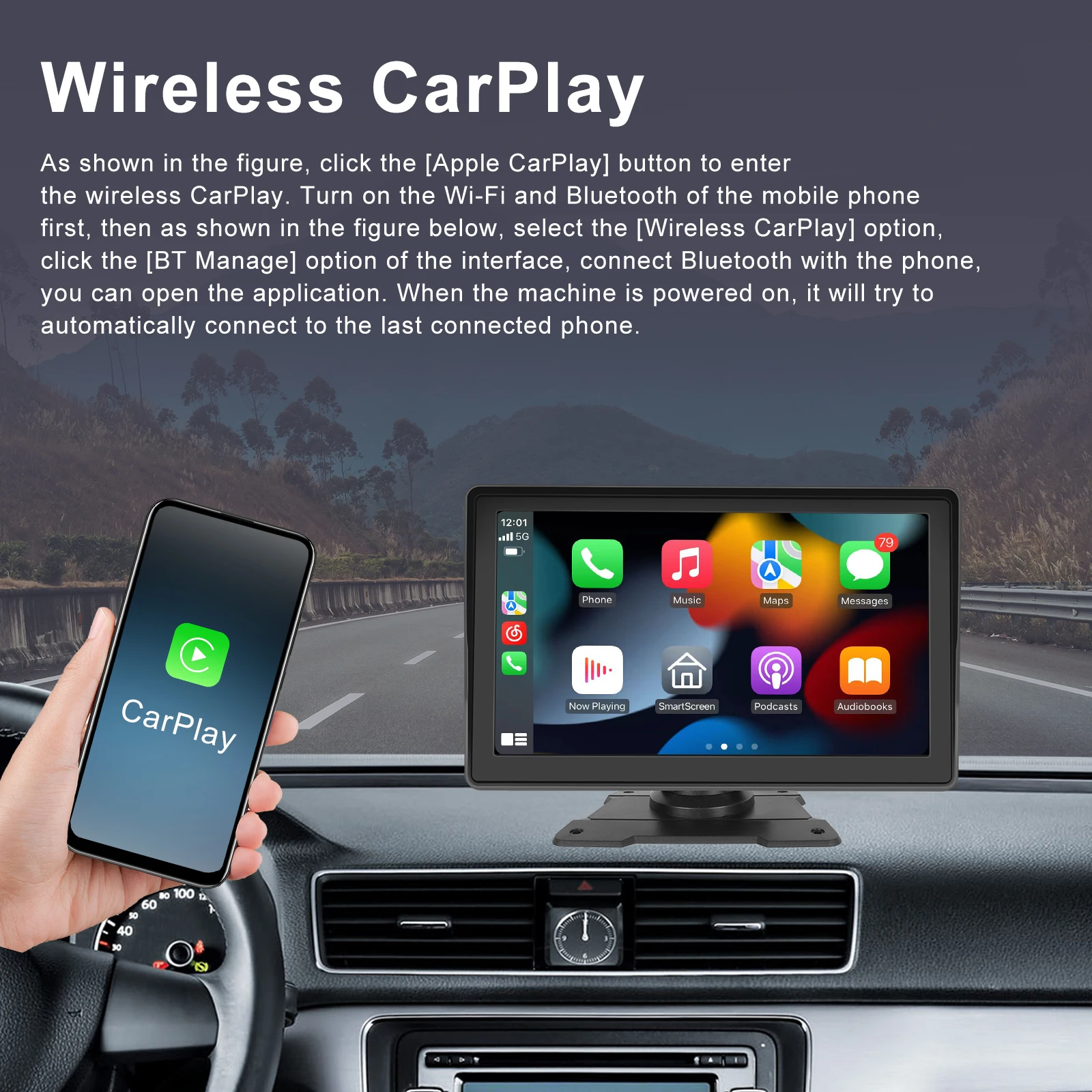 Podofo 7inch Car Radio Multimedia Video Player Wireless Carplay Android Auto Touch Screen Monitor For Universal BT FM Radio