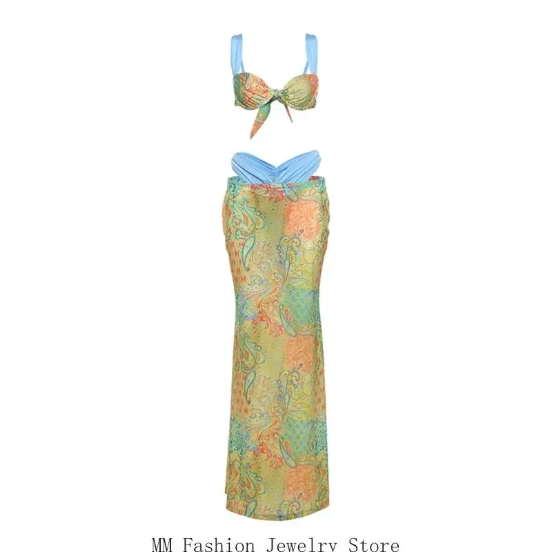

Women Flower Print Swimwears Two Piece Low Waist Thong Swimsuit with Beach Skirt Wrap Ladies Triangular Bathing Suit