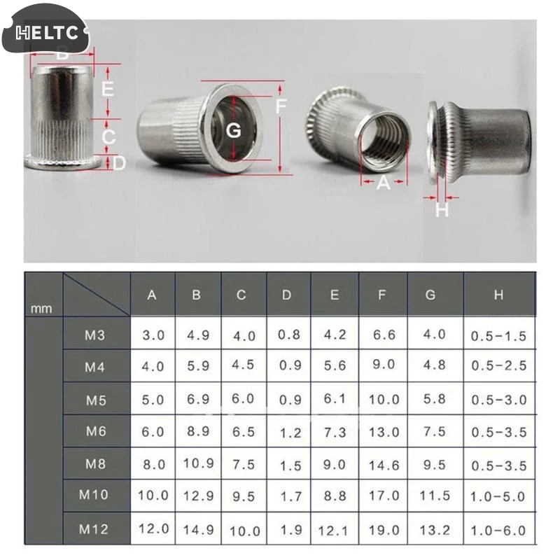 10/5x Threaded Steel Rivnut Flat Head Knurled Rivet Nuts Rust Proof 304 Stainless Steel For Car Repair Furniture DIY Use