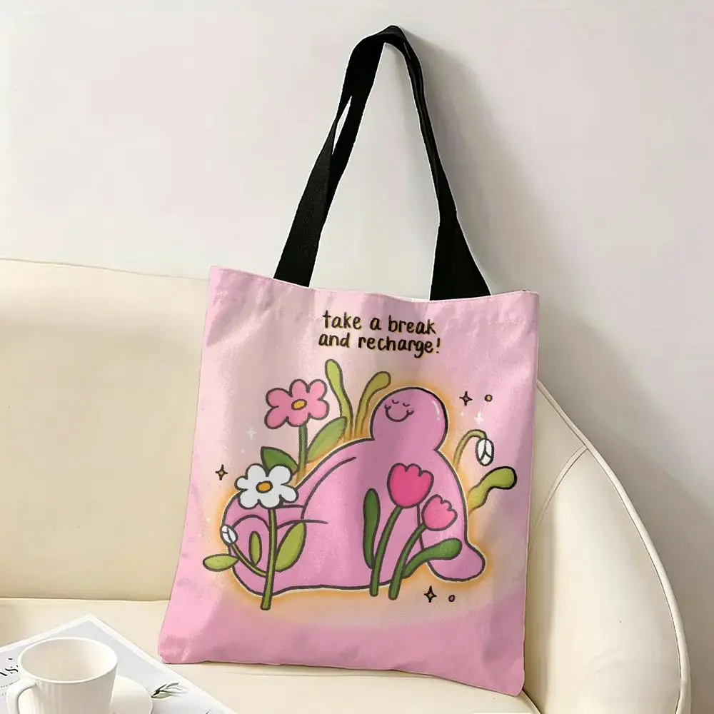Cute Pink Little Man Storage Bags Canvas Double-Sided Print Tote Bag Large Capacity Shoulder Fashion Shopping Handbag