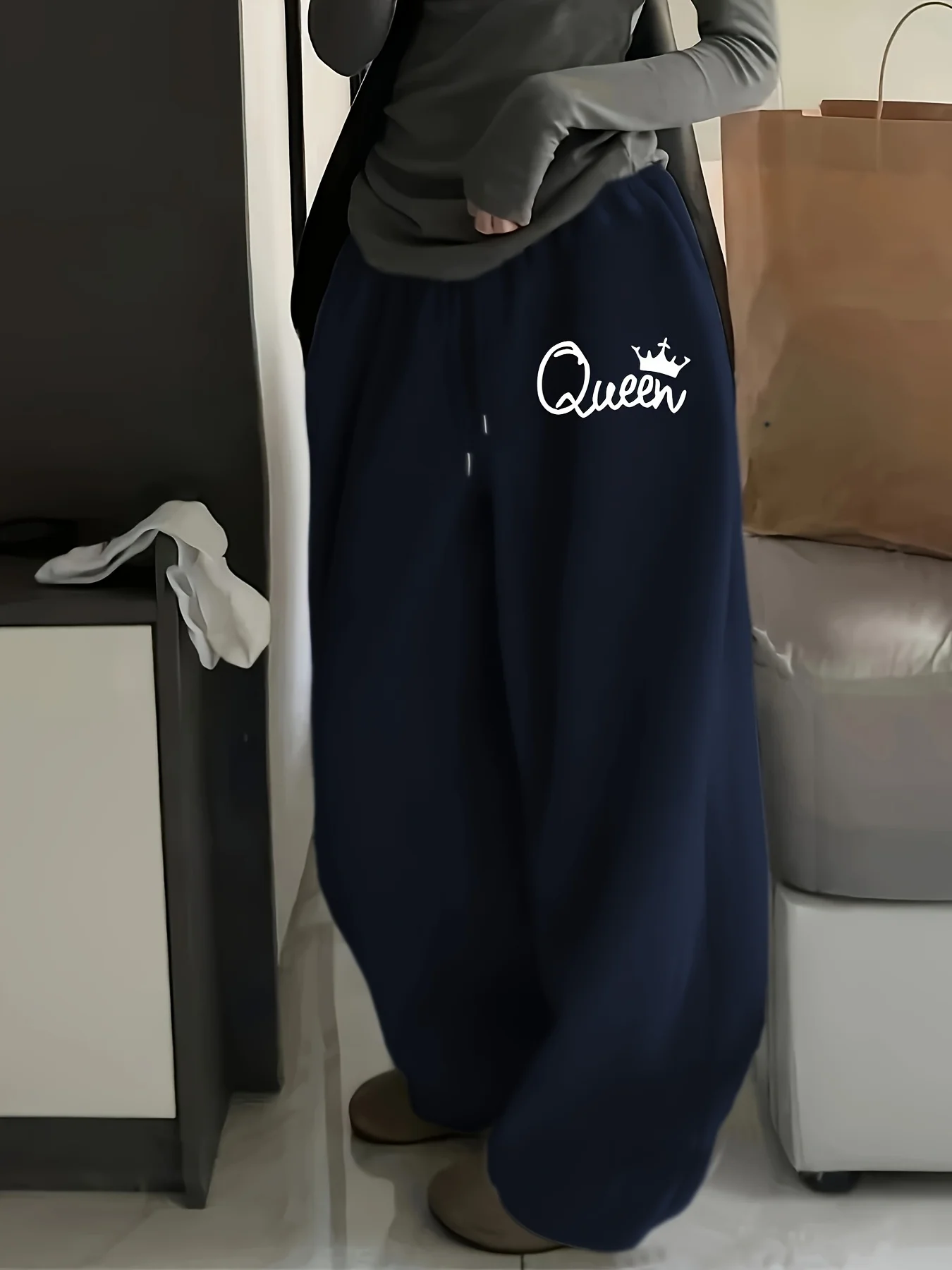 بنطلون رياضي نسائي للخريف والشتاء مقاس كبير فضفاض مستقيم من الصوف بحزام خصر مطاطي ملابس خروج عصرية أنيقة ومتعددة الاستخدامات #3