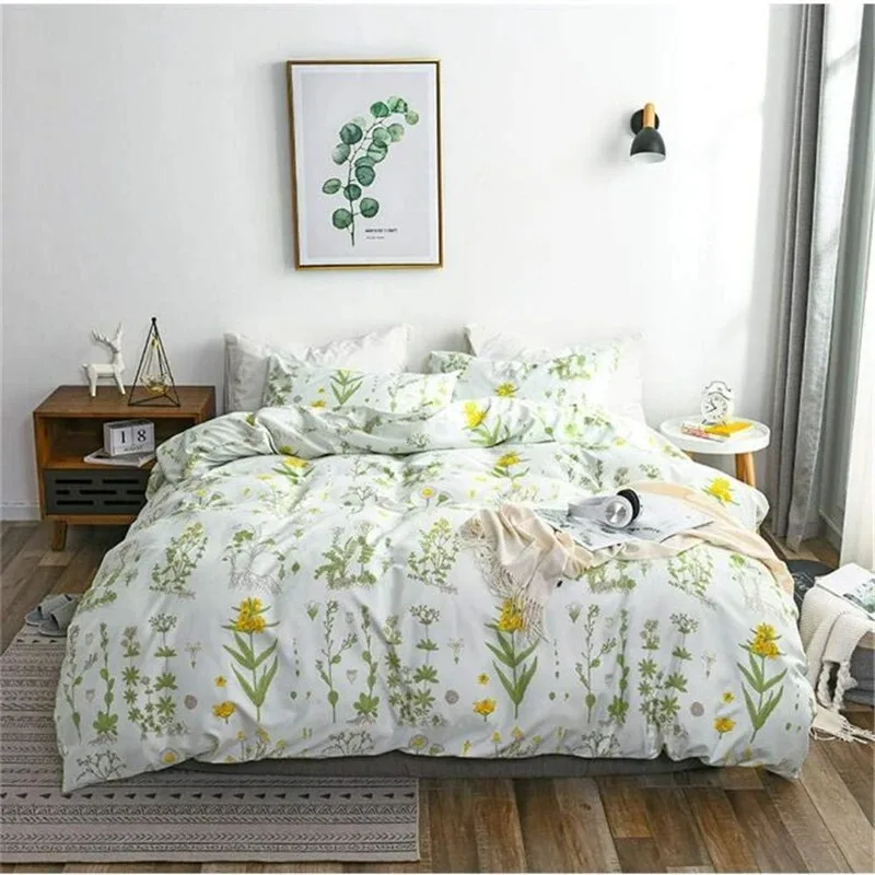 Duvet Cover Set, 3 Piece, Floral Shabby Chic Coquette Botanical Flower Sage Green Yellow White, Soft Lightweight Bedding Set