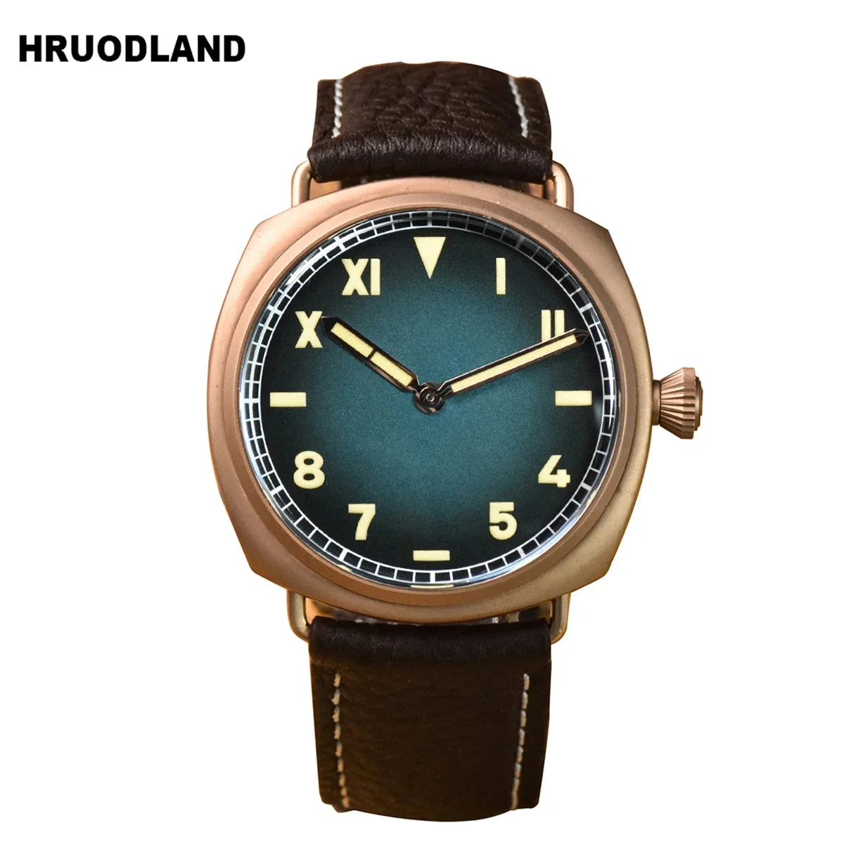 Hruodland 2024New Solid Bronze Quartz Men Watches Lambda 502 Gradient dial Brown Leather waterproof 20Bar Simple Wrist watch Men