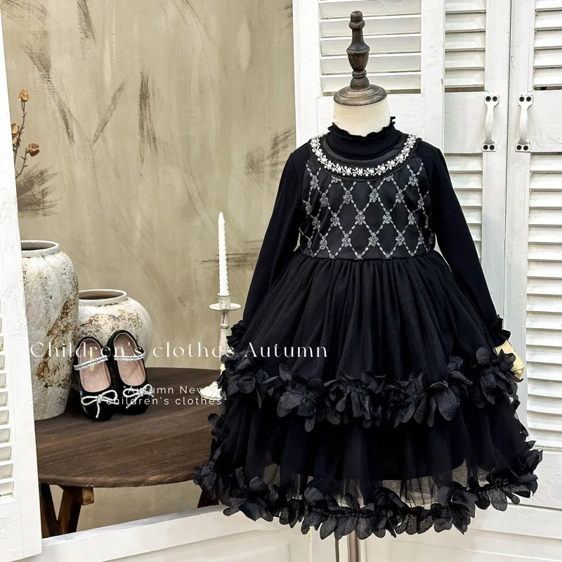 

Girls' Dress2025Autumn New Fashionable Patchwork Mesh Skirt French Petal Princess Dress Korean Style Two-Piece Set