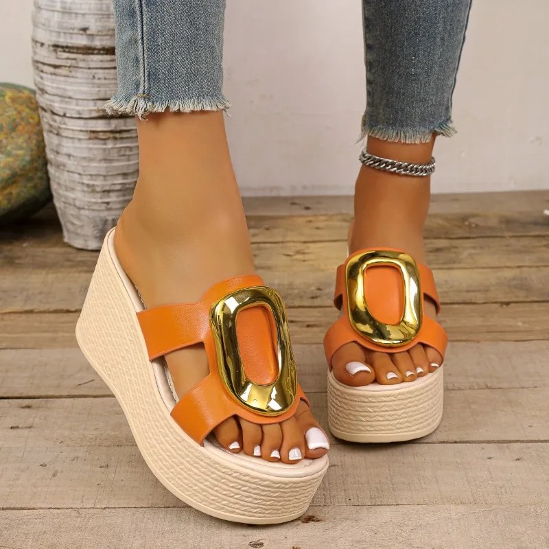 Women's Summer Fashionable Luxury Chunky Heel Slippers Women Outdoor Wedge Heels Metal Casual Comfortable Rome Style Sandals