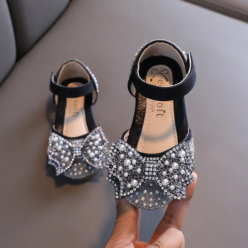 Summer Girls Flat Princess Shoes Fashion Sequins Bow Rhinestone Sandals Baby Kids Toddler Party Wedding Party Footwear