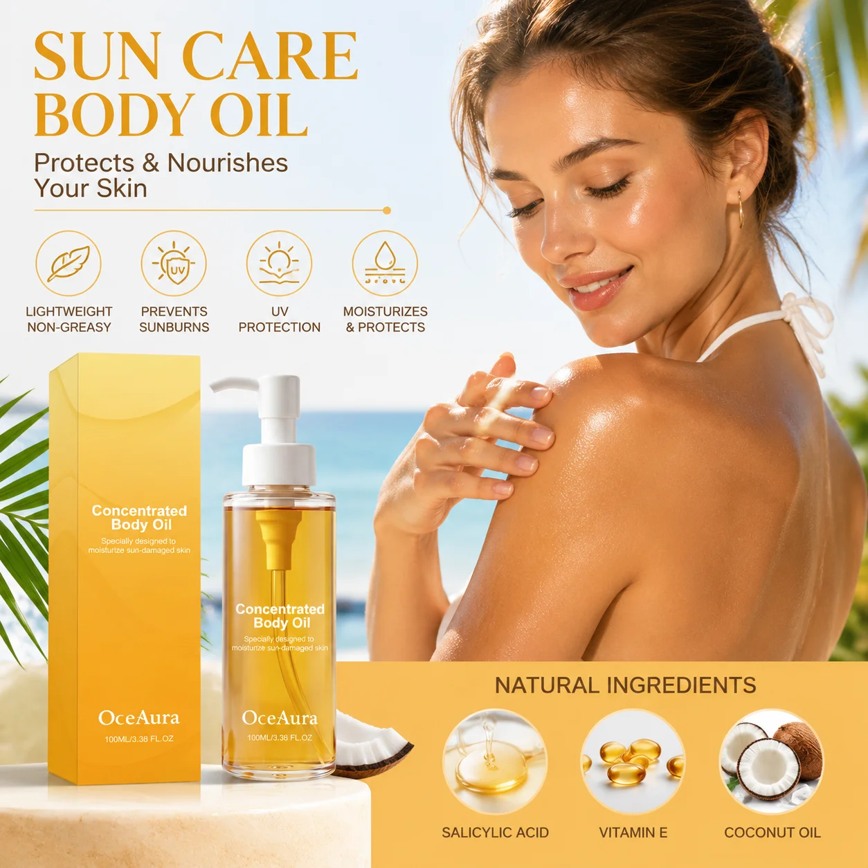 OceAura Moisturizing Body Oil for Sun Damaged Skin Barrier Repair Care Lightweight Salicylic Acid Coconut Oil Hydrating Body Oil