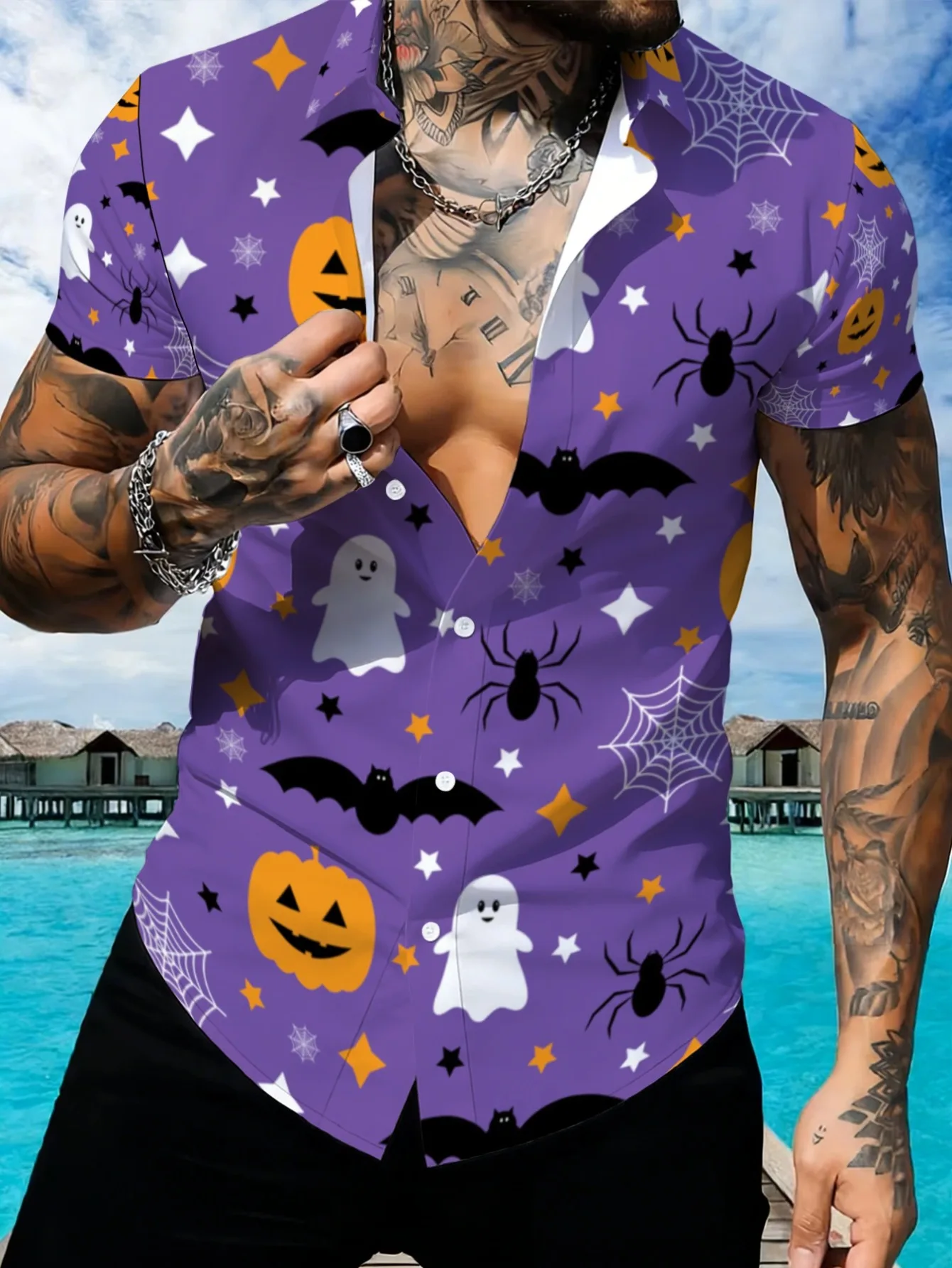 Men's Shirt Halloween Pumpkin Ghost Bat Spider Print Purple Base Short Sleeve Turn Down Collar Holiday Party Casual Men Clothing