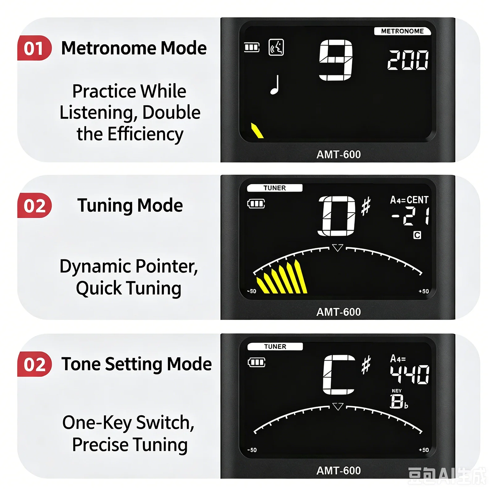 AMT-600 Digital Metronome Tuner Rechargeable Device with Stereo Headphone Output Calibration Tuner for Guitar Instruments image 4