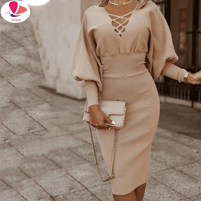 2024 Fall Women Vintage Dress Elegant Women Solid Color Bodycon Slim Party Dress V Neck Lantern Sleeve Ribbing Winter Midi Dress