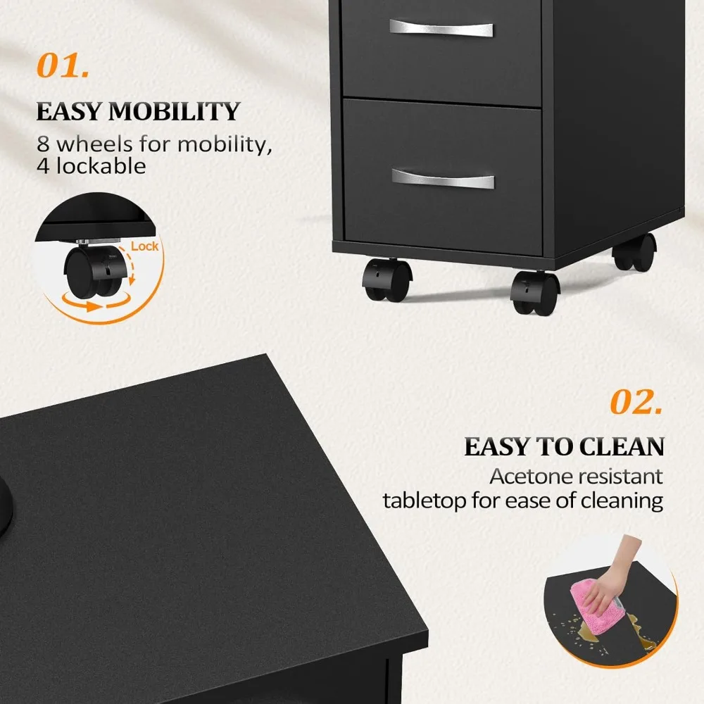 طاولة مانيكير للأظافر مع خزانة، أدراج، عجلات ومسند للذراع، صالون سبا، تجميل منزلي، فني خشبي، محطة عمل فنية للأظافر #6