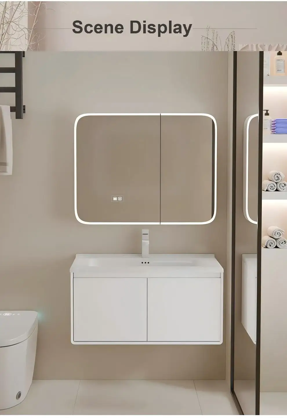 70cm Modern Minimalist Wall-Mounted Hotel Apartment Bathroom Vanity Unit White LED Illuminated Mirror Cabinet Countertop Storage view 4