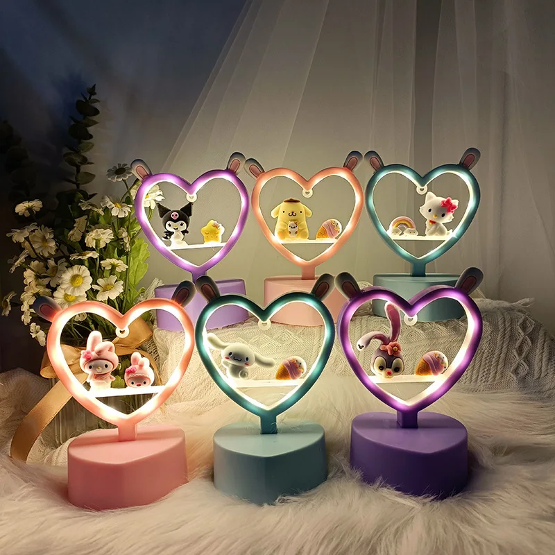 Hello Kitty Sanrio Night Light Cinnamoroll Melody Kuromi Cartoon Kids Glow Table Lamp Creative Heart Shaped Night Light Gifts