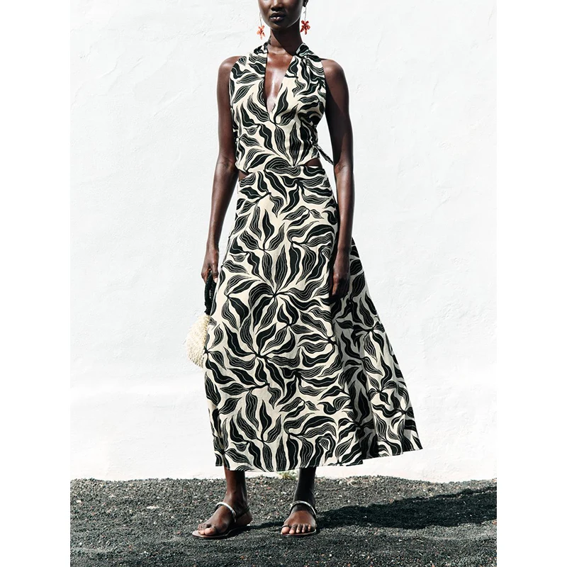 여름 신상 섹시 백리스 브이넥 더블 브레스티드 믹스 드레이프 넥 미디 드레스 우아한 하이웨이스트 민소매 롱 스커트 프린트 가운