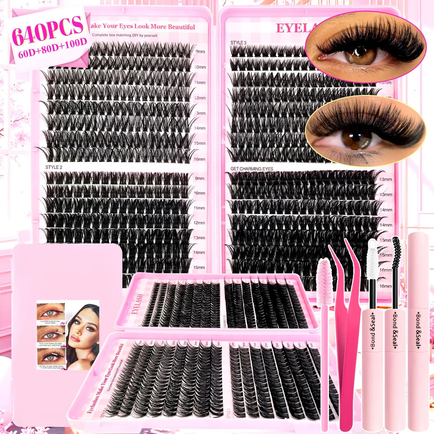 200/280/320/640/800 Pcs Natural to Voluminous Eyelash Cluster Set Large Capacity Lightweight Soft Eyelash Bundles with Tools