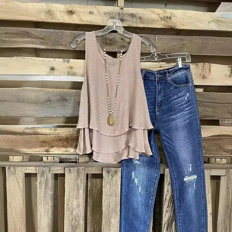 Lässige doppellagige Baumwoll-Leinen-Svel-Weste für Damen, gefälschtes zweiteiliges T-Shirt, bequem, atmungsaktiv, für die Frühlingsaison