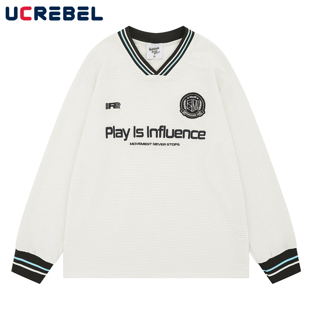 

Letter Embroidery Sweatshirts Mens Contrast Autumn High Street Loose V-neck Long Sleeve Sweatshirts