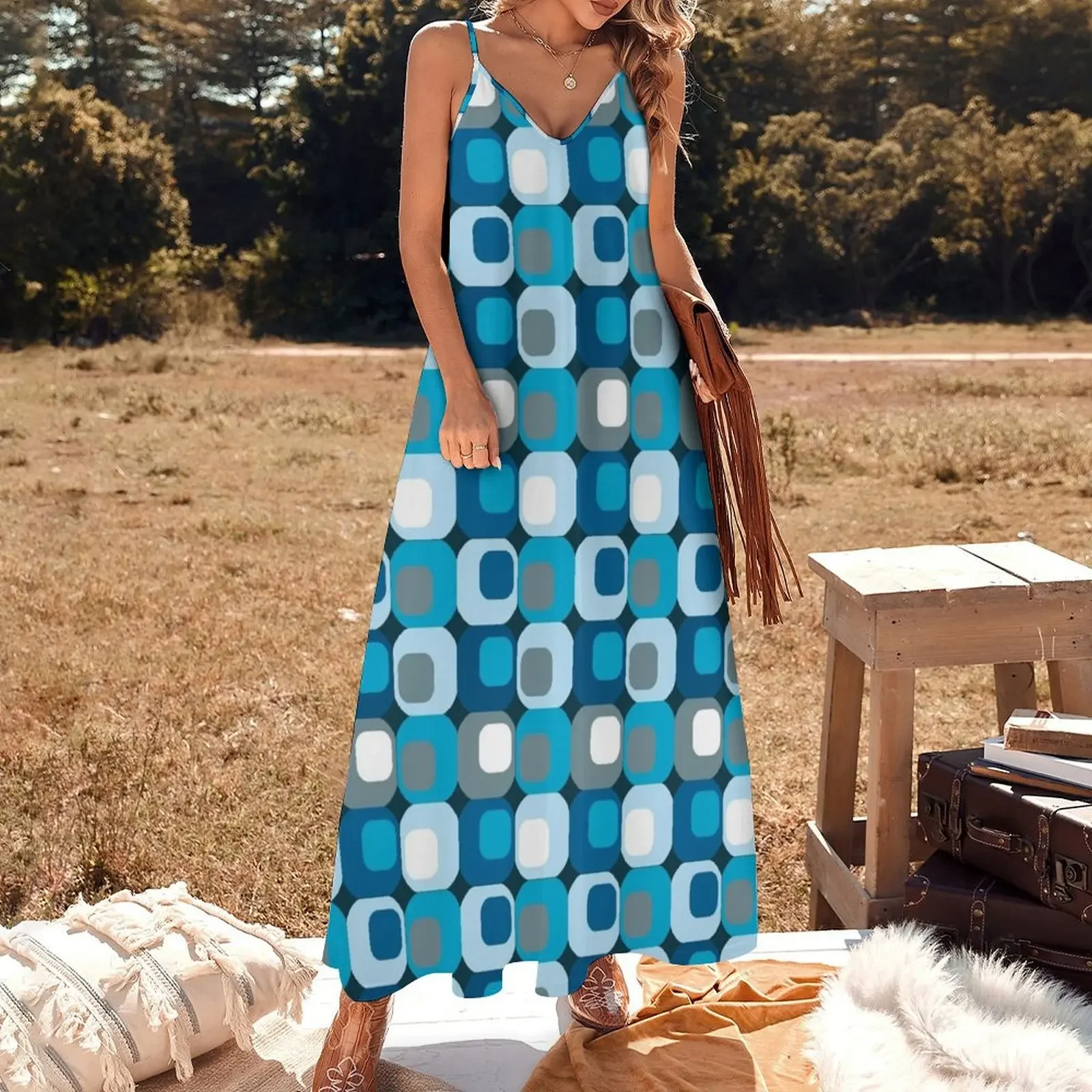 Retro Mod Blue Abstract Sleeveless Dress Clothing women's clothing trend 2024 dresses for womens 2024