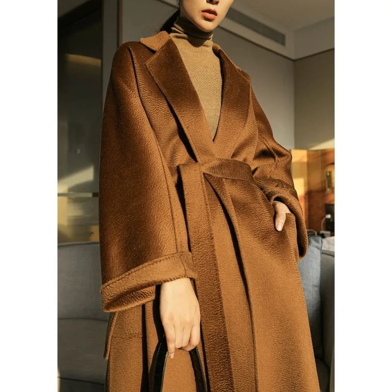 2023 New Reversible Cashmere Coat Women Long Below The Knee High-End Water Ripple Wool Coat Autumn Winter Loose Lace-up Outwear