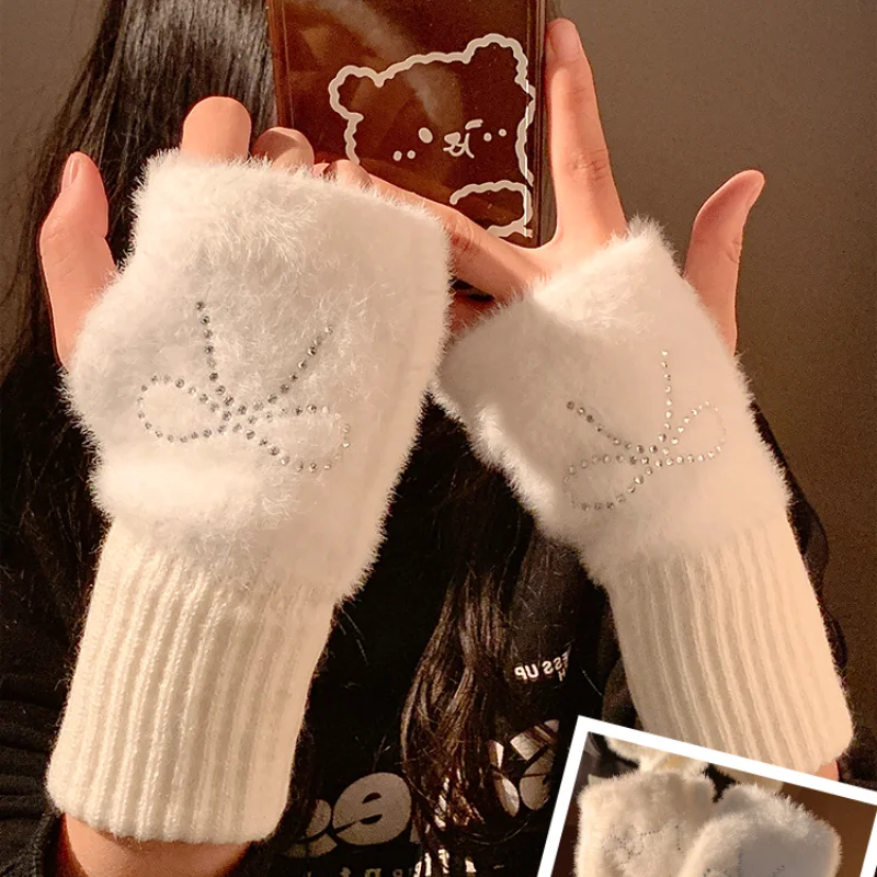 신모델 산리오 귀여운 보온 니트 울 반손가락 장갑 소녀 헬로키티 겨울 플러시 니트 손목 보호대 사무실 학생용