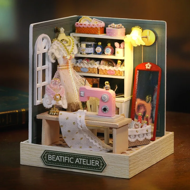 Mini Dollhouse Kit Sakura Street Cafe Noodle Shop Office Candy Store Tiny Wooden Furniture Craft Building Toys Home Bed Decor view 3