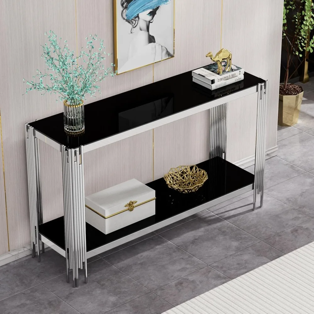 Mesa De Console De Vidro Moderno, Prata Mesa De Entrada, Top De Vidro Preto, Acabamento Espelho, Pernas De Aço Inoxidável, Luxo, 55"