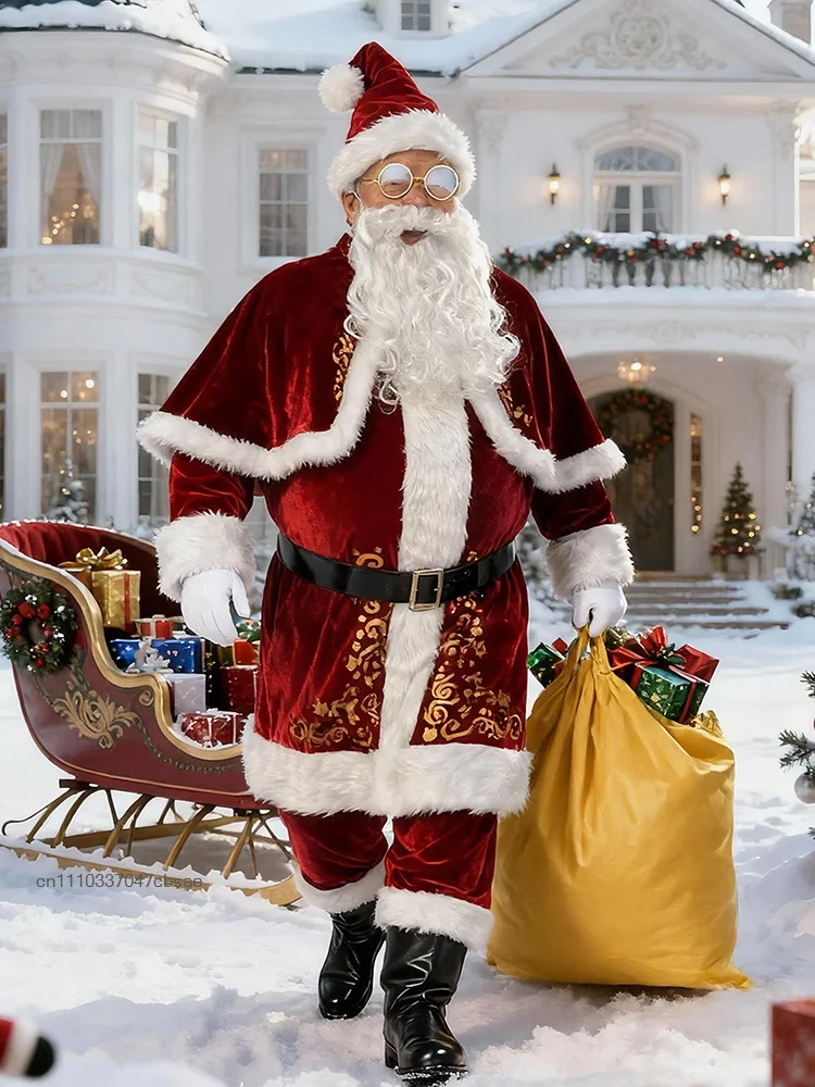 Luxuriöses Herren-Weihnachtsmann-Kostüm aus rotem Samt, Weihnachtsanzug für Erwachsene, für Weihnachtsfeier, Halloween, Cosplay, Festtagsverkleidung 2026