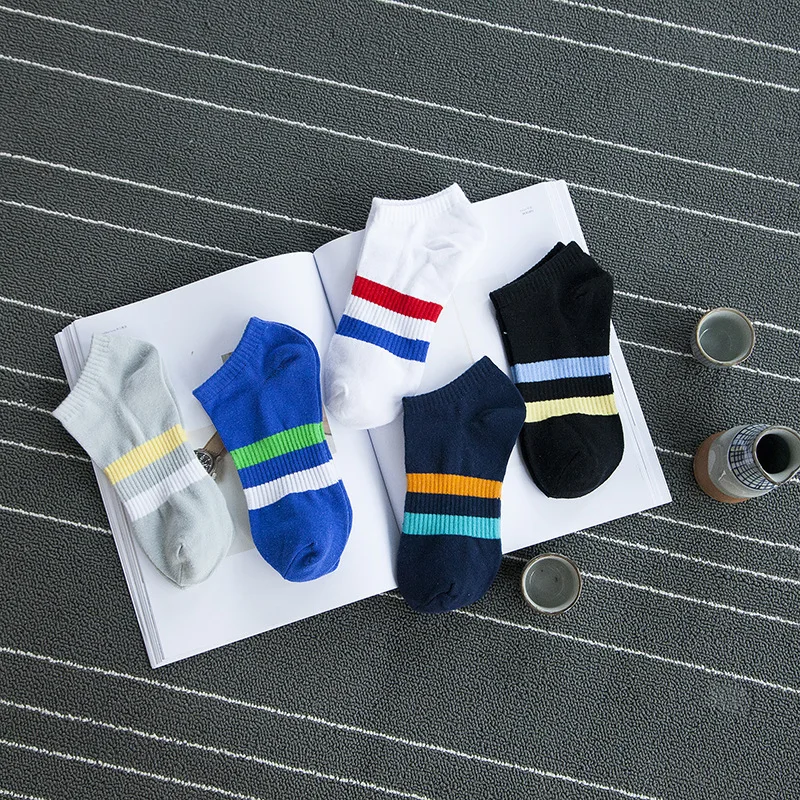 5 Pairs Great Quality 100% Cotton Business Men Blue Navy Stripe Short Socks Spring Summer Male Adult Casual Sports Fashion Sox