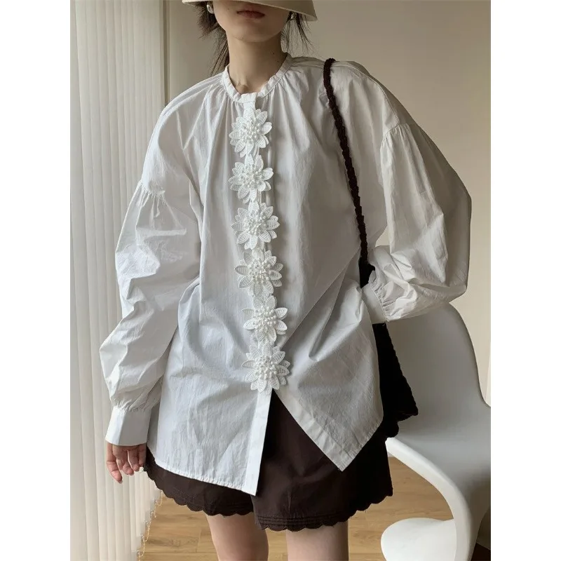 

Women's Floral Embroidered Lantern Sleeve Blouse Oversized Casual Long Sleeve Shirt