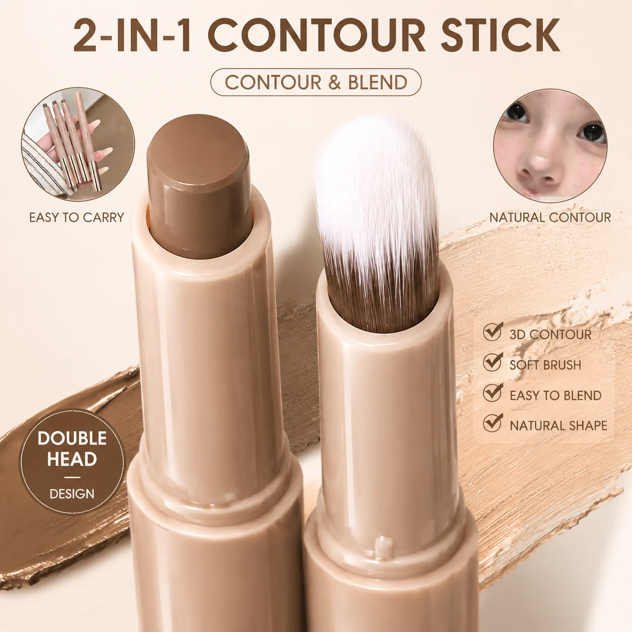 3D Face Contour Stick With Brush Matte Nose Shadow Pen Waterproof Long Lasting Bronzer Stick Facial Sculpting Makeup