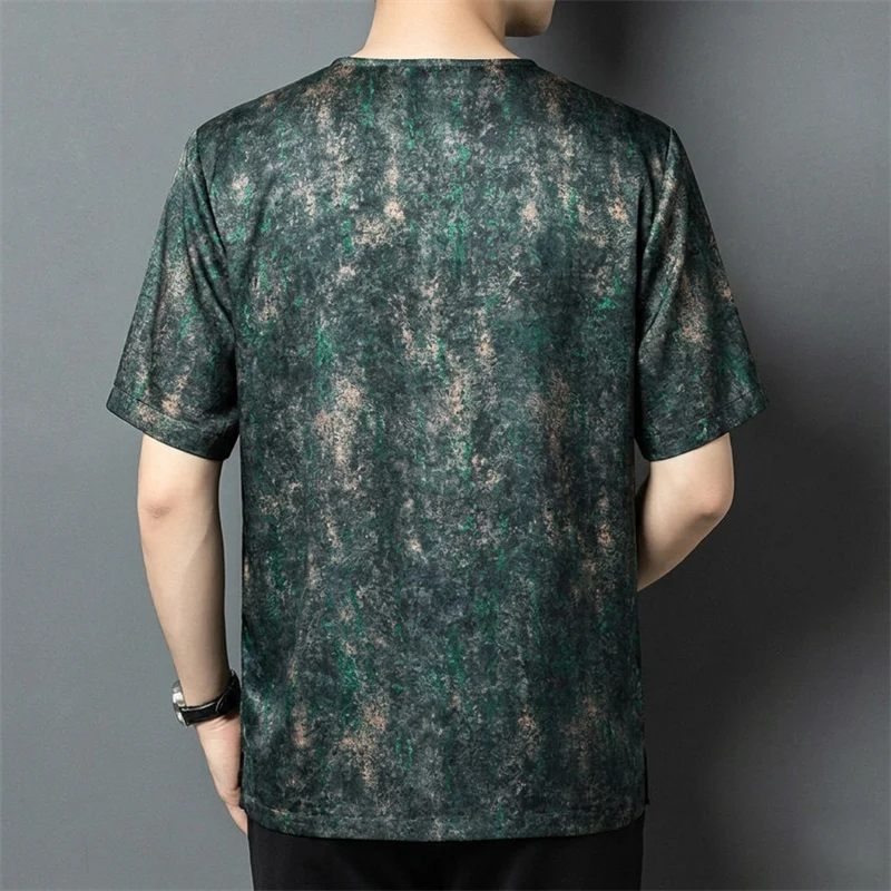 Vintage Green T Shirt For Men Short Sleeve Luxurious Silk 100% Summer High-Quality Skin-Friendly Lightweight Camisetas De Hombre