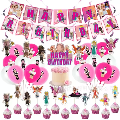Game ROBLOX Creative Peripheral Pink Girl Birthday Party Virtual World Sandbox Game Decoration Balloon Cake Insertion Supplies