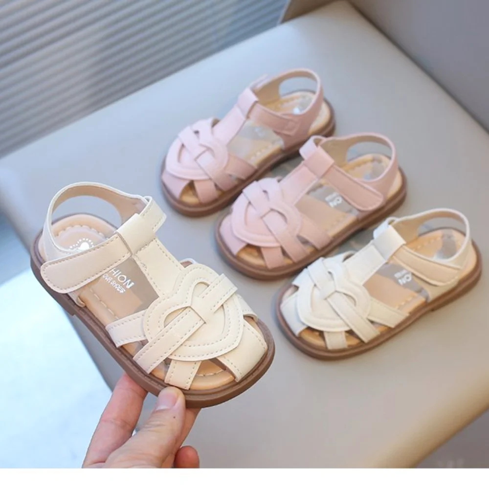 

Summer Girl's Sandals Hollow-out Cover Toe Floral Kids Sliders White Pink Sweet Pu Leather Toddler Hook-loop Children Slippers