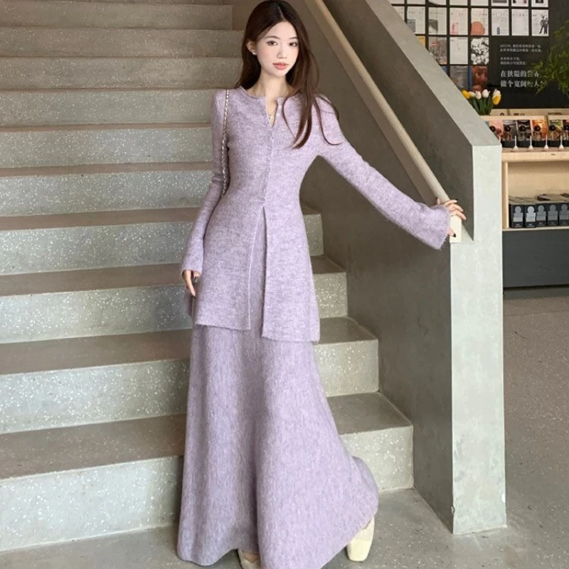 

Корейский комплект свитера Super Fairy для женщин, осенне-зимний новый облегающий дизайн, юбка средней длины с застежкой на талии, комплект из двух предметов