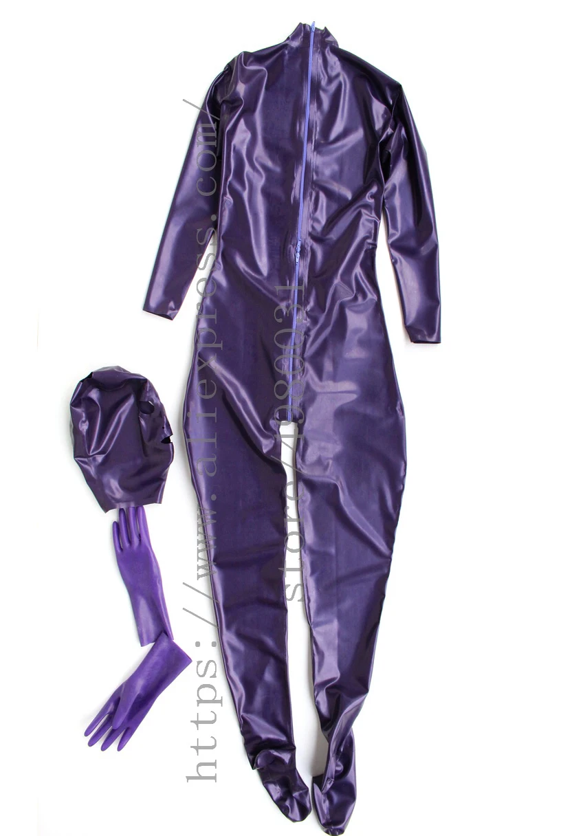 Metallic purple women's full body latex  zentai with feet and including seperated  latex hoods & finger gloves