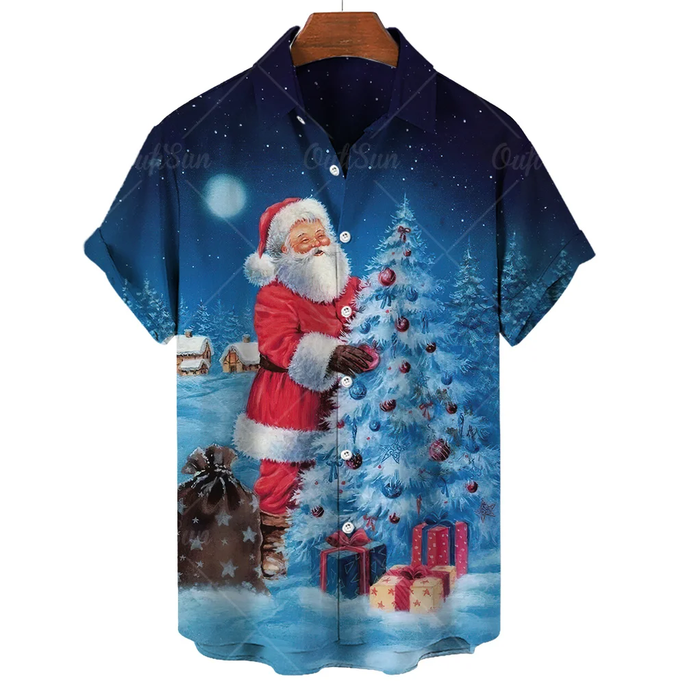 2024 New Year Christmas Pattern Popular Hawaiian Men\'S Shirt Short Sleeved Summer Element 3d Printed Fashion Casual Loose Tops