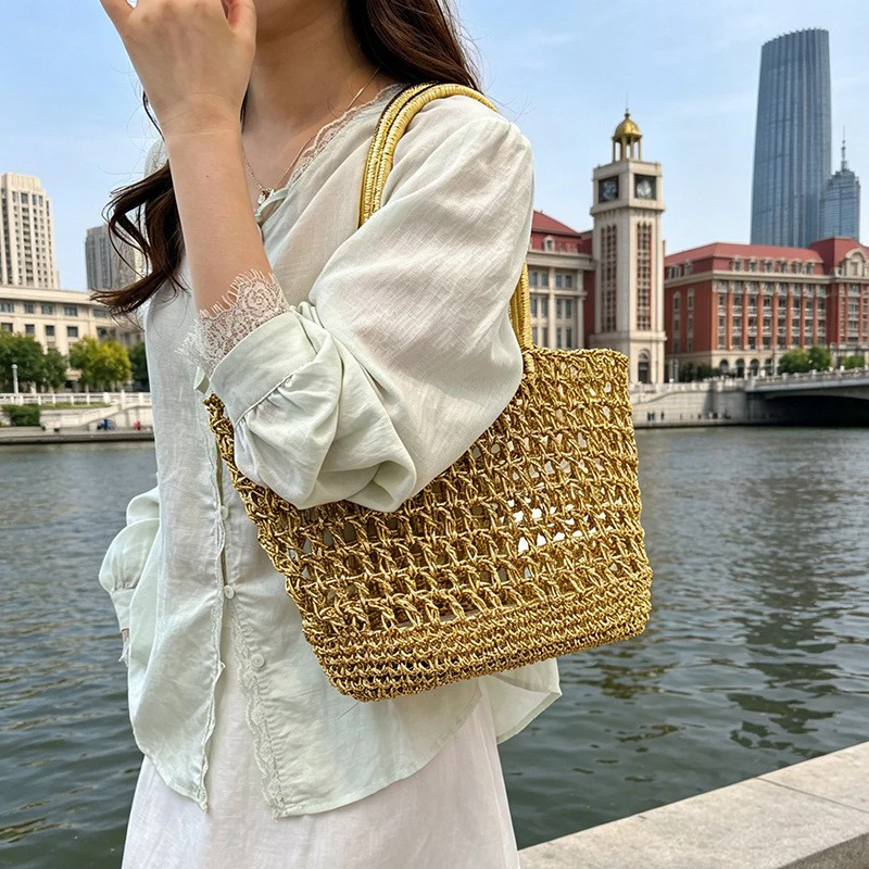 Goldene Hohlgeflechtte Shopper-Markttasche, Damen Casual Chic Strand- und Pendler-Tragetasche, Koreanische Bucket-Handtasche – Detail 11