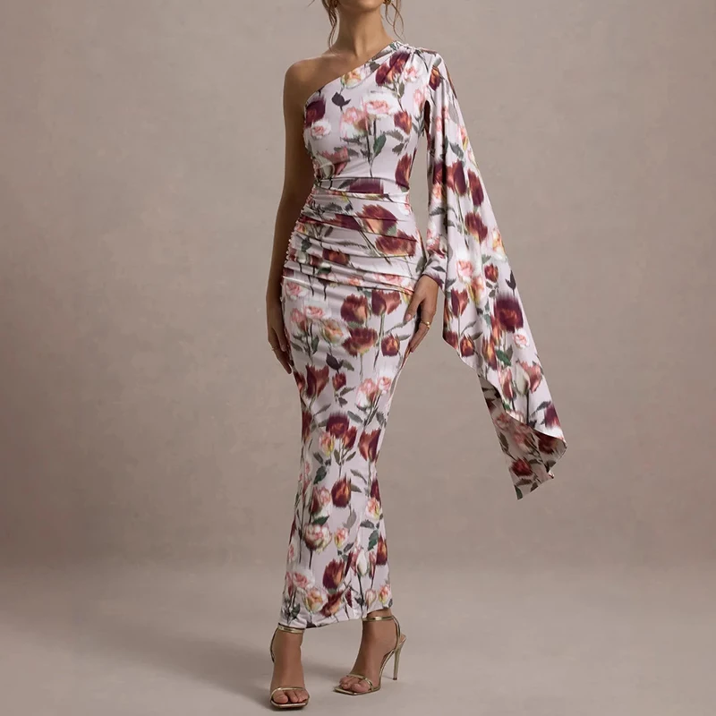 Vestido de fiesta plisado con estampado de patrón a la moda para mujer, vestido bohemio ajustado de cintura alta elegante, vestido Sexy ajustado con manga de murciélago y cuello inclinado