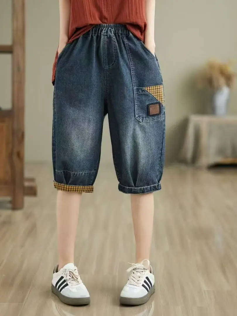 

Summer Waed Cotton Thin Denim orts Women's Loose Six-Pointed High Waist Casual Harlan Pants Straight Leg Jeans