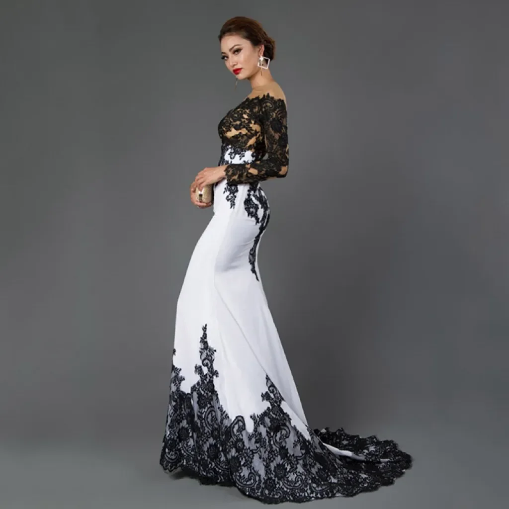 Luxe Sexy Zeemeermin Elegante Avondjurk Kant Off-The-Shoulder Lange Mouw Zwart En Wit Satijn Plus Size Prom Feestjurk