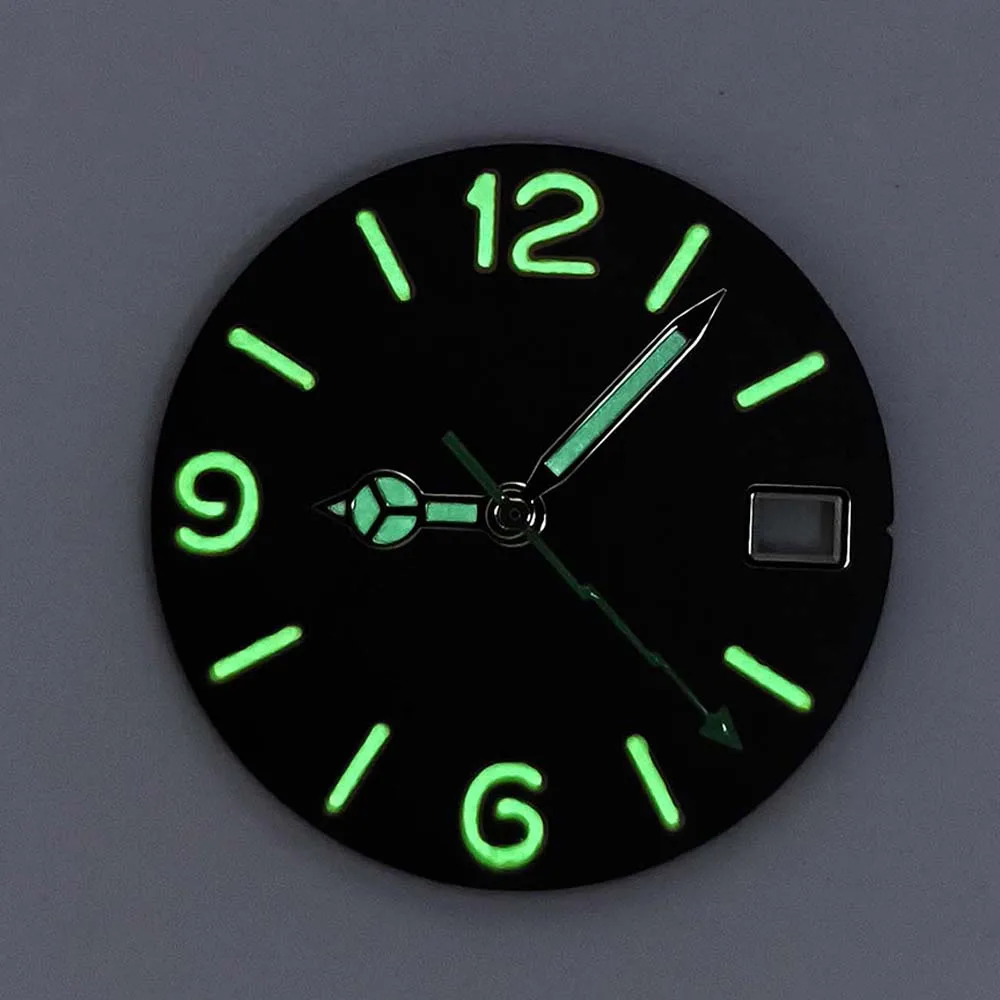 Esfera de reloj esmerilada de 28,5mm, esfera luminosa verde, esfera de calendario único + manecillas de reloj para movimiento NH35 NH36 4R 7S