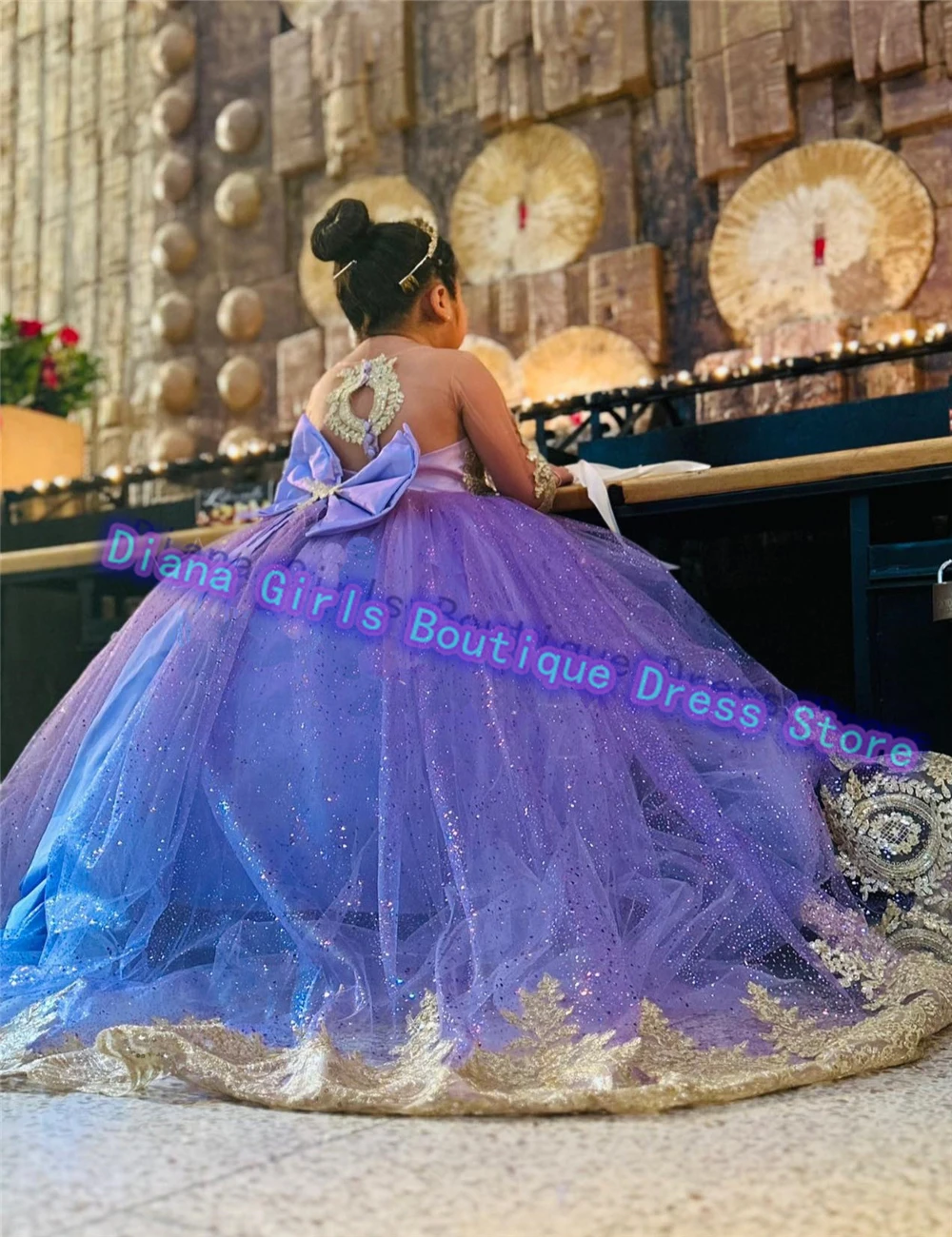 Elegant Flower Girl Dress Quality Purple Tulle Fluffy Gold Appliques Wedding Little Girls Birthday Party Dresses Customised