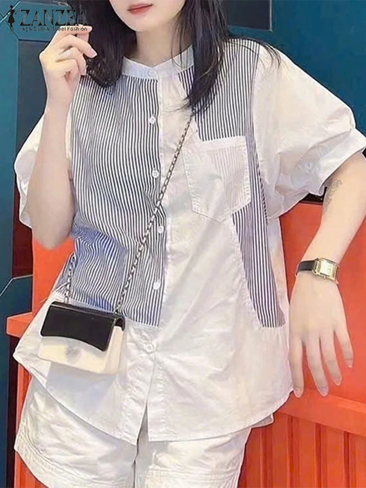 

ZANZEA 2025 Women Elegant Short Sets Striped Patchwork 2pcs Fashion Short Sleeve Shirt Shorts Casual Summer Two-piece Outfits