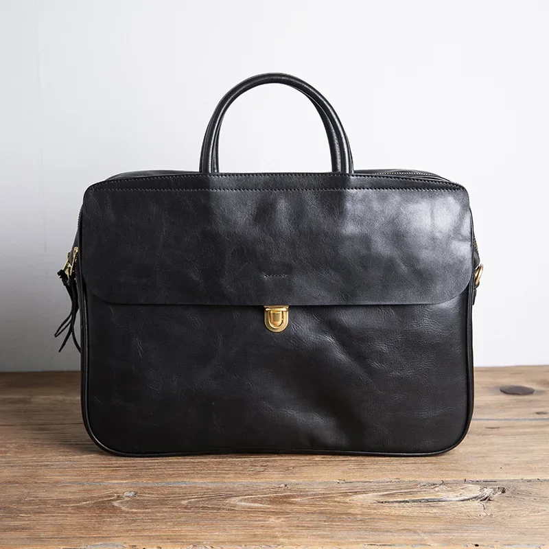 Marca de luxo bolsa de couro masculino retro 15 polegadas maleta cabeça saco computador negócios