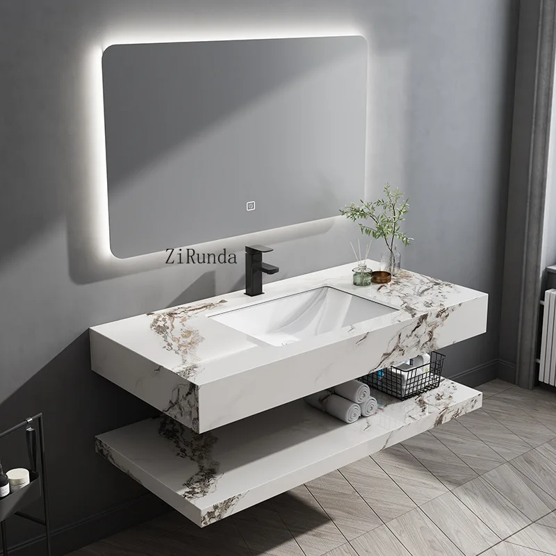 

Smart mirror rock slab ceramic basin bathroom cabinet combination bathroom double-layer wash basin