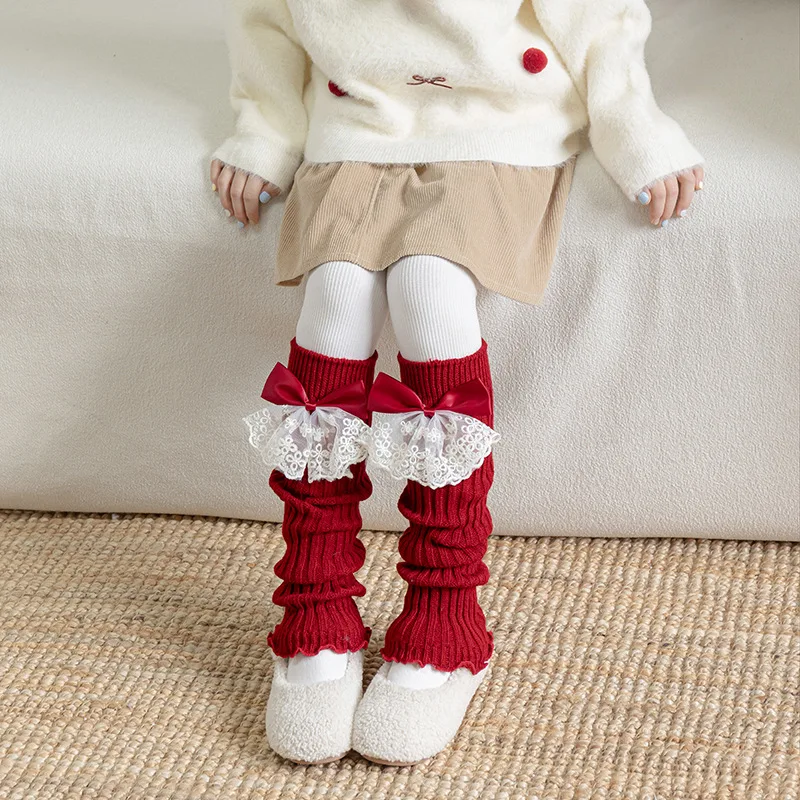Y2K Kids Lace Ribbon Leg Warmers Woman Autumn Winter Ballet Style Lolita Knee Warmers Long Socks JK Knitted Girl White Stockings
