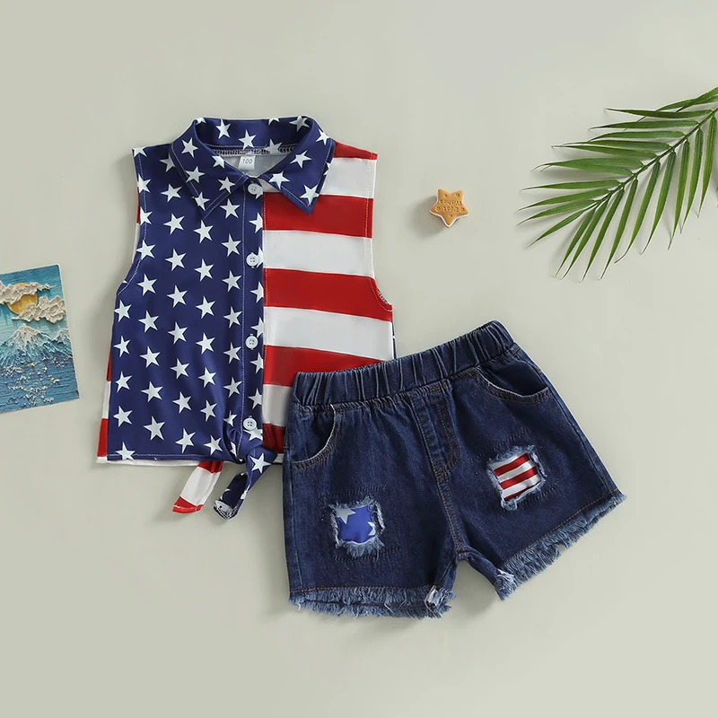 

Independence Day Kids Girls Outfit Summer Stars Stripe Tank Tops and Elastic Casual Denim Shorts Set