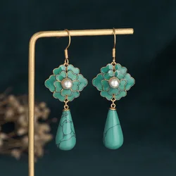 New Trendy Earrings for Women Traditional Jewellery Accessories Ancient Green Enamel Camellia Camellia Vintage Women's Earrings