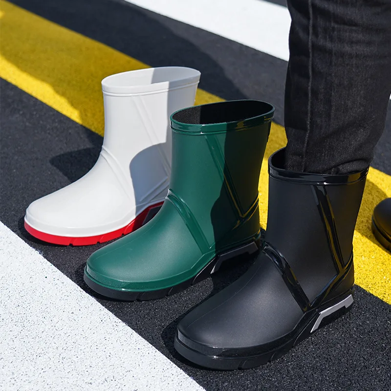 Men's Fashionable Mid-length Rain Boots Non-slip Waterproof Rain Boots Car Washing Fishing Casual Work Cotton Rubber Shoe 39-44